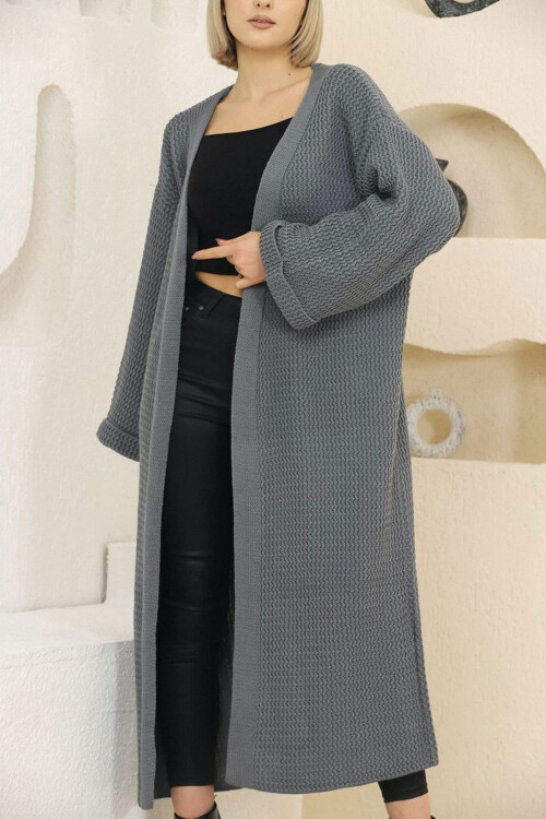 Gri Duble Kol Uzun Tesettür Triko Hırka BCES-253000