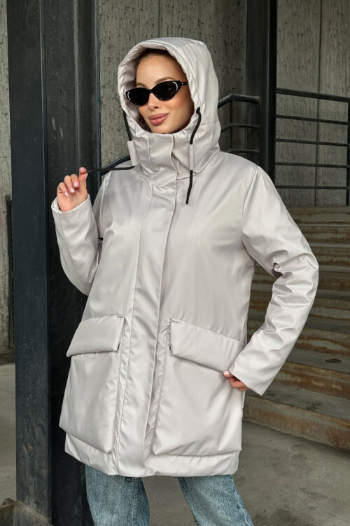 Gri Geniş Cepli Kapüşonlu Uzun Mont BCVL-254205