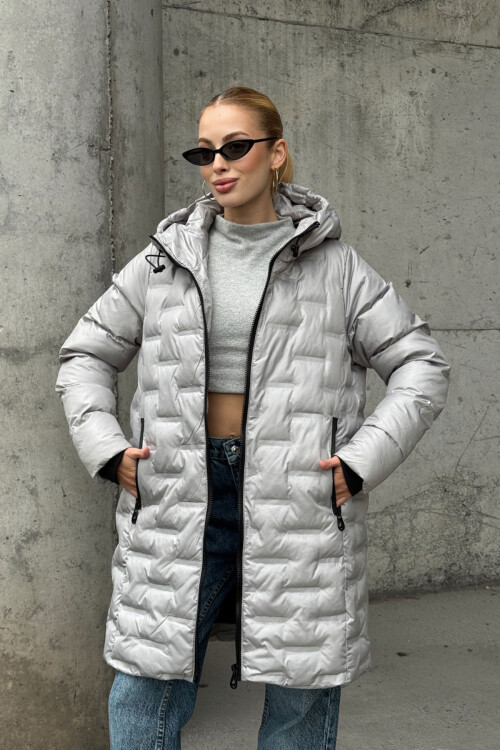 Gri Kapitoneli Fermuarlı Kapüşonlu Uzun Şişme Mont BCVL-254200