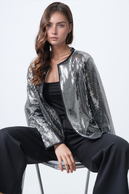 Gri Payetli Açık Form Ceket BCHESQ-251161