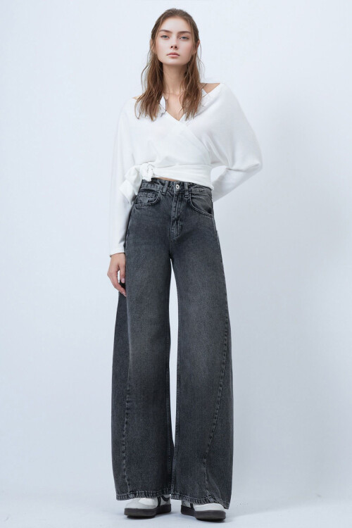 Gri Yüksek Bel 5 Cepli Baggy Jean BCHNW-251207