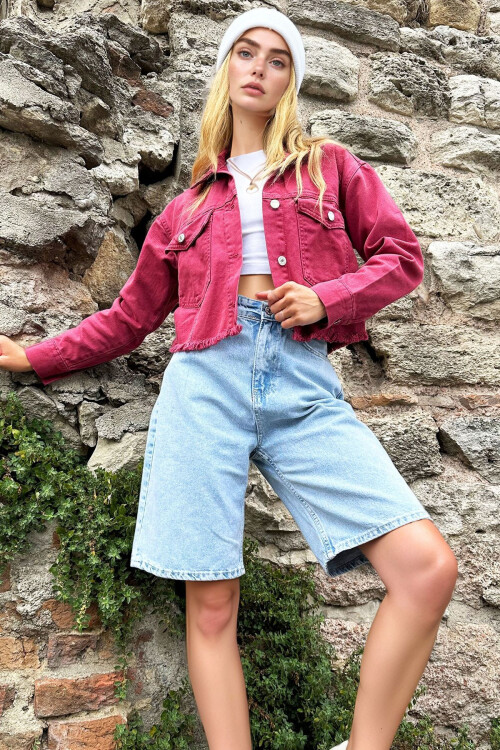 Gül Kurusu Çift Cepli Püskül Detaylı Crop Jean Ceket BCHNW-251173