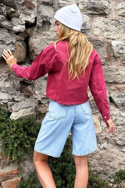 Gül Kurusu Çift Cepli Püskül Detaylı Crop Jean Ceket BCHNW-251173