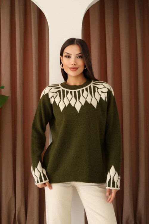 Haki Bisiklet Yaka Desenli Triko Kazak BCES-253003