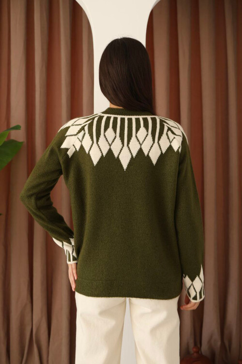 Haki Bisiklet Yaka Desenli Triko Kazak BCES-253003