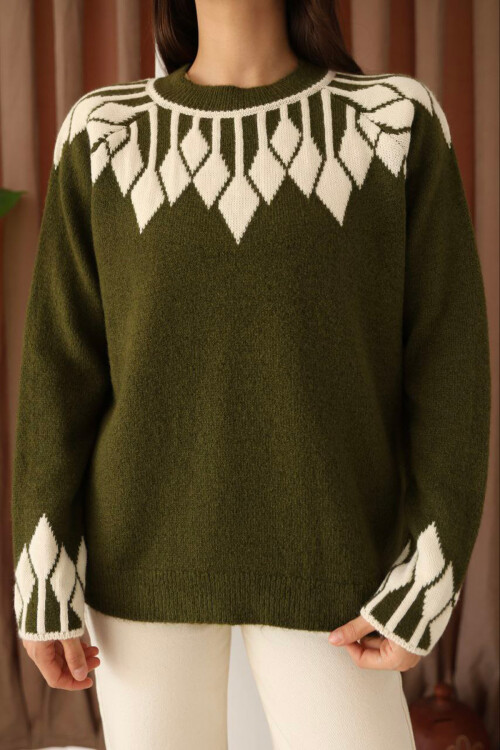 Haki Bisiklet Yaka Desenli Triko Kazak BCES-253003