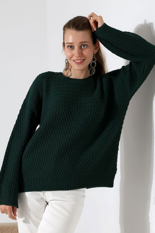 Haki Bisiklet Yaka Su Yolu Desenli Triko Kazak BCES-252008