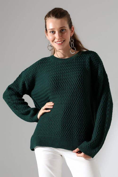 Haki Bisiklet Yaka Su Yolu Desenli Triko Kazak BCES-252008