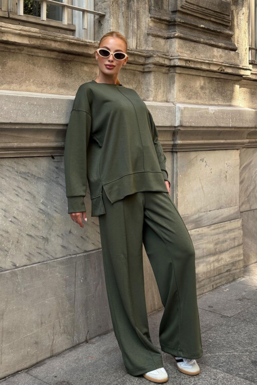 Haki Bisiklet Yaka Yırtmaç Detaylı Bluz Ve Rahat Kesim Pantolon Modal Alt Üst Takım BCVL-25V215