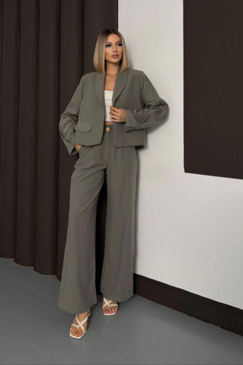 Haki Çift Cep Kapaklı Ceket Ve Palazzo Pantolon Dokuma Alt Üst Takım BCHN-254002