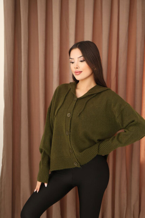 Haki Düğmeli Kapüşonlu Soft Touch Triko Hırka BCES-253009