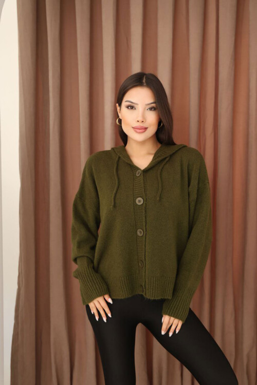 Haki Düğmeli Kapüşonlu Soft Touch Triko Hırka BCES-253009