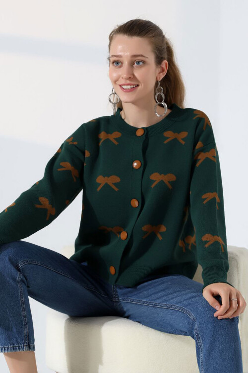 Haki Fiyonk Desenli Düğmeli Triko Hırka BCES-252044