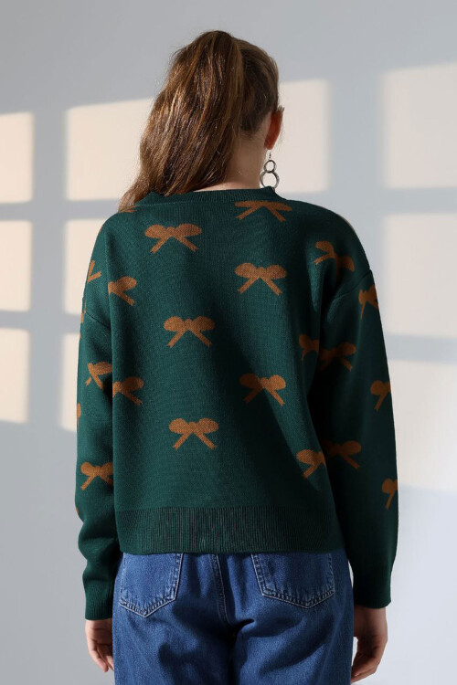 Haki Fiyonk Desenli Düğmeli Triko Hırka BCES-252044