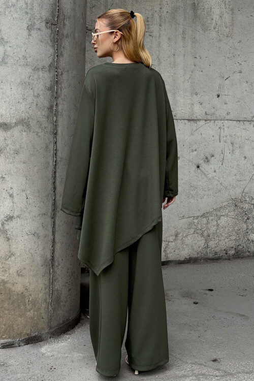 Haki Rahat Kalıp Asimetrik Bluz Ve Pantolon Modal Kumaş Alt Üst Takım BCVL-25V231
