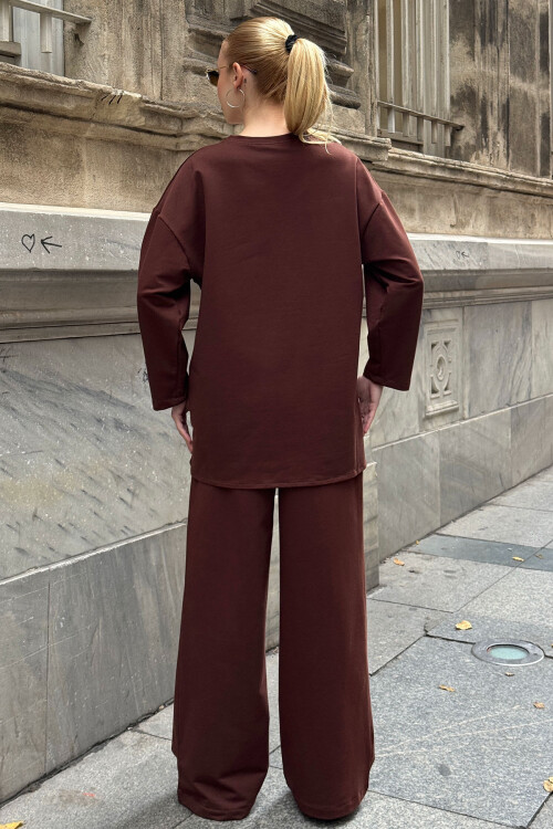 Kahverengi Cep Detaylı 2 İplik Örme Bluz Ve Pantolon Alt Üst Takım BCVL-25V227