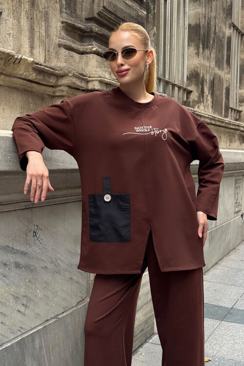 Kahverengi Cep Detaylı 2 İplik Örme Bluz Ve Pantolon Alt Üst Takım BCVL-25V227