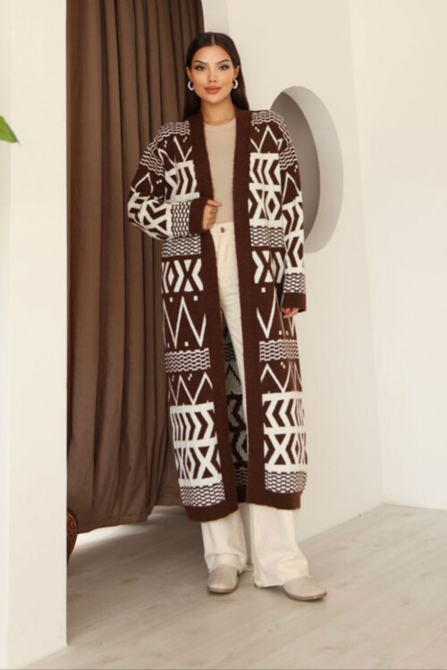 Kahverengi Desenli Saçaklı Uzun Boy Triko Hırka BCES-253001