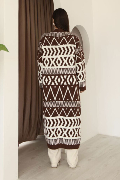 Kahverengi Desenli Saçaklı Uzun Boy Triko Hırka BCES-253001