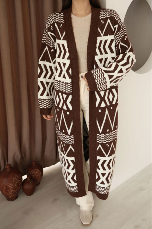 Kahverengi Desenli Saçaklı Uzun Boy Triko Hırka BCES-253001