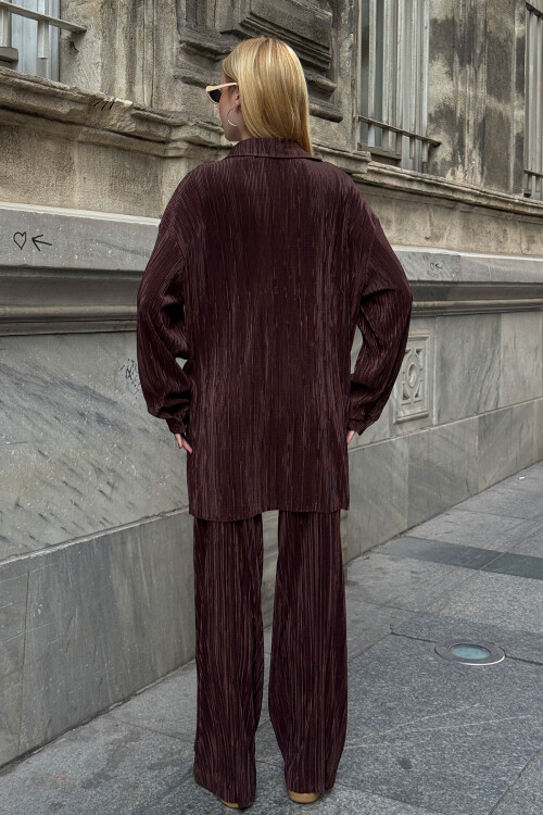 Kahverengi Gömlek Ve Palazzo Pantolon Piliseli Kumaş Dokuma Alt Üst Takım  BCVL-25V236