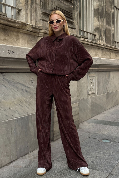 Kahverengi Gömlek Ve Palazzo Pantolon Piliseli Kumaş Dokuma Alt Üst Takım  BCVL-25V236