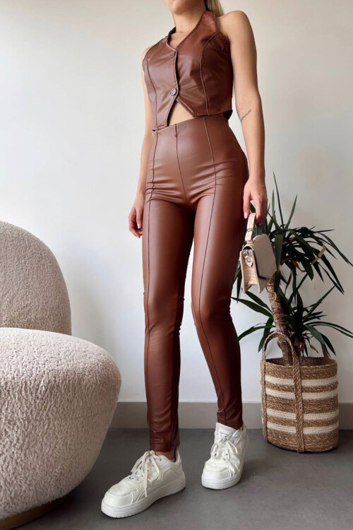 Kahverengi Yüksek Bel Çimalı Suni Deri Stretch Fit Tayt BCHN-2526628