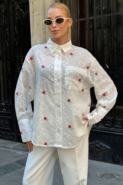 Kırmızı Tek Cepli Önü Kısa Arkası Uzun Nakış İşlemeli Ajurlu Gömlek BCHESQ-251154