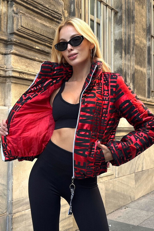 Kırmızı Yazılı Şişme Mont BCVL-25N031