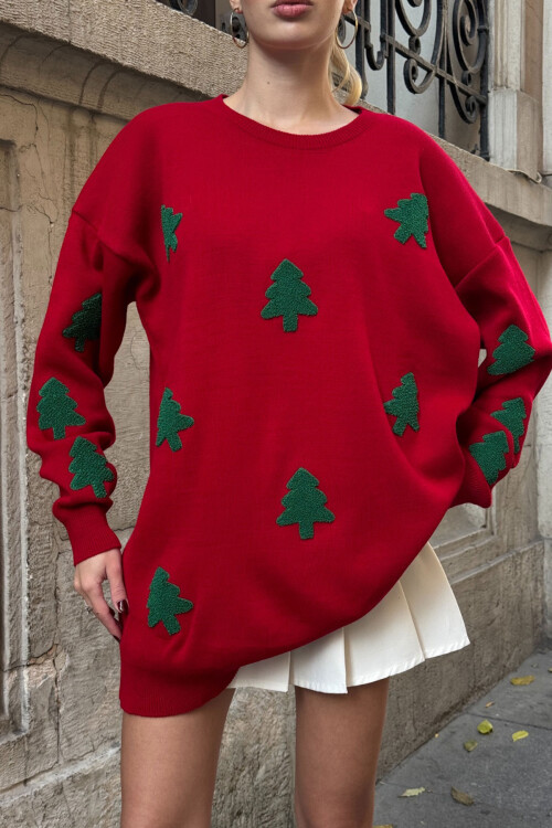 Kırmızı Yılbaşı Temalı Oversize Triko Kazak BC231051