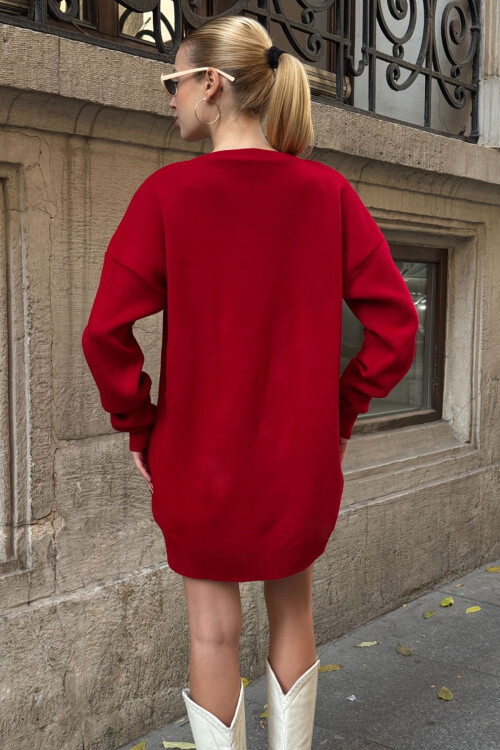 Kırmızı Yılbaşı Temalı Oversize Triko Kazak BC231051