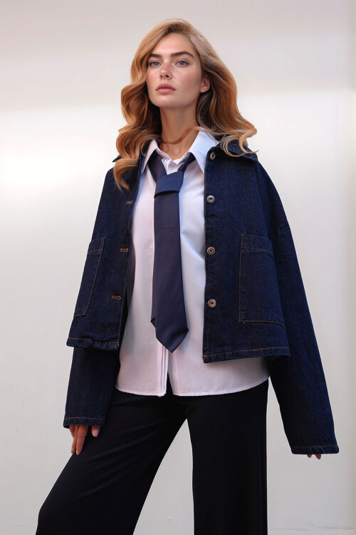 Koyu Lacivert Çift Cepli Crop Denim Ceket BCHNW-251189