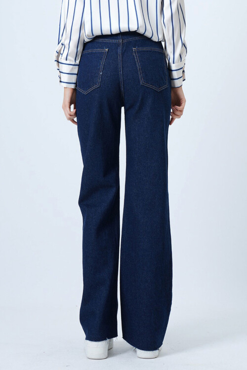 Koyu Lacivert Yüksek Bel Geniş Püskül Paça 5 Cepli Denim Pantolon BCHNW-251206
