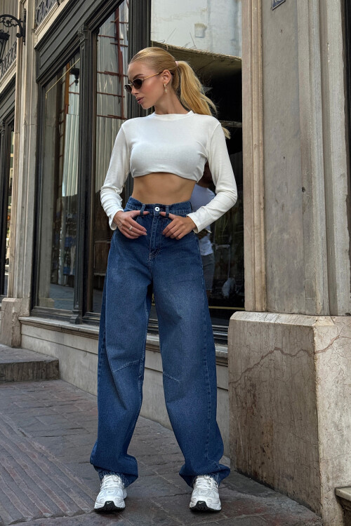 Koyu Mavi 5 Cepli Bol Paça Baggy Jean BCHNW-251194