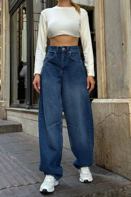 Koyu Mavi 5 Cepli Bol Paça Baggy Jean BCHNW-251194