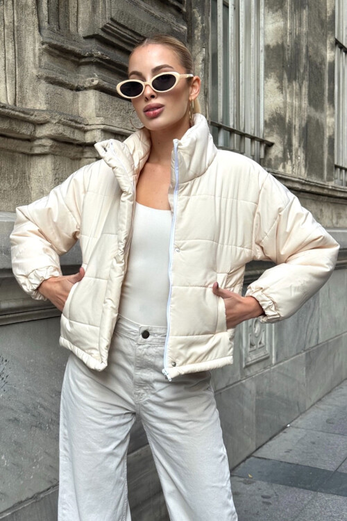 Krem Çift Cepli Kapitone Şişme Mont BCVL-25N1002