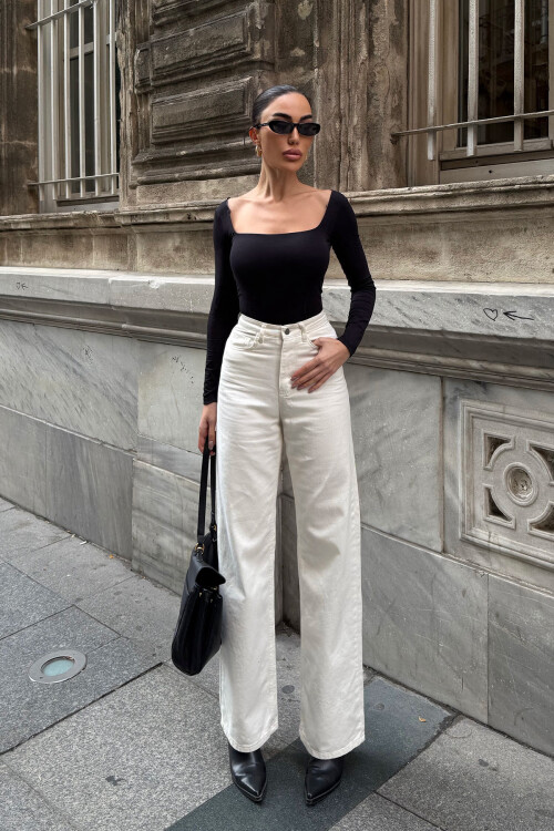 Krem Yüksek Bel İspanyol Paça Denim Pantolon BCDF-254000