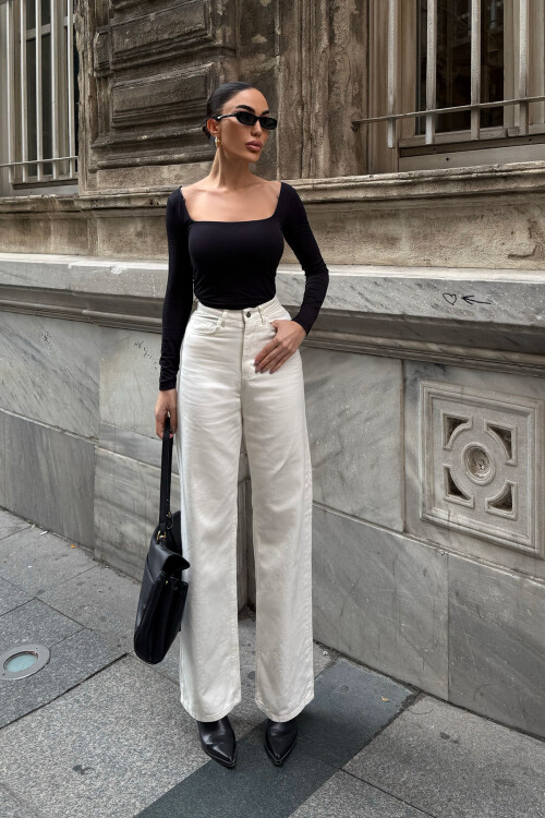 Krem Yüksek Bel İspanyol Paça Denim Pantolon BCDF-254000