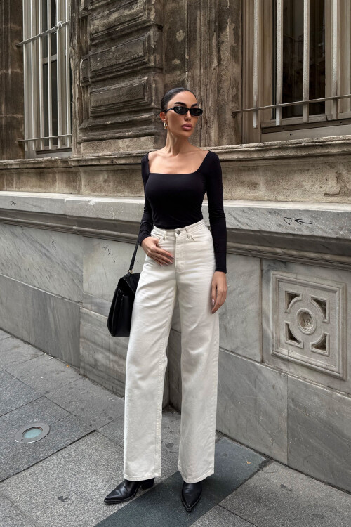 Krem Yüksek Bel İspanyol Paça Denim Pantolon BCDF-254000