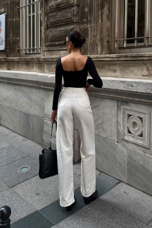 Krem Yüksek Bel İspanyol Paça Denim Pantolon BCDF-254000
