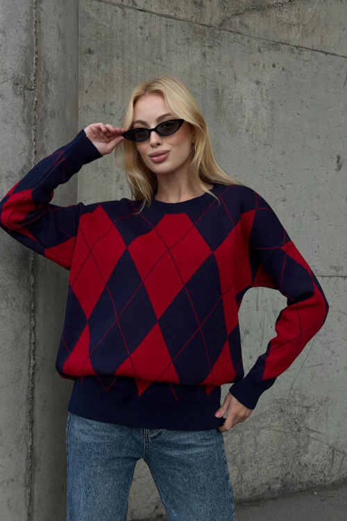 Lacivert Bisiklet Yaka Baklava Desenli Triko Kazak BCVL-253027