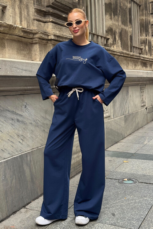 Lacivert Cep Detaylı 2 İplik Örme Bluz Ve Pantolon Alt Üst Takım BCVL-25V227