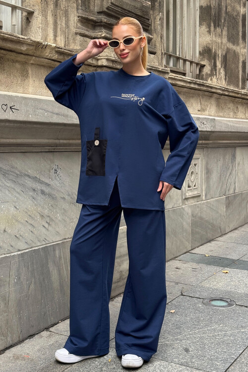 Lacivert Cep Detaylı 2 İplik Örme Bluz Ve Pantolon Alt Üst Takım BCVL-25V227