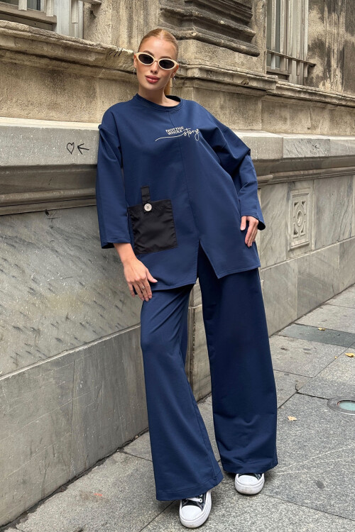 Lacivert Cep Detaylı 2 İplik Örme Bluz Ve Pantolon Alt Üst Takım BCVL-25V227