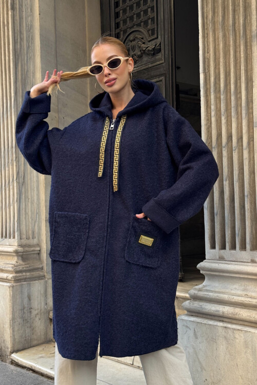 Lacivert Çift Cepli Kapüşonlu Uzun Kışlık Buklet Ceket BCVL-25V221