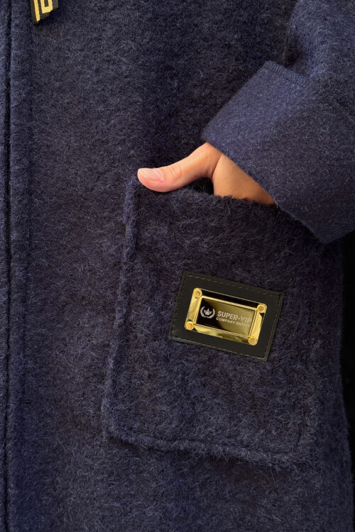 Lacivert Çift Cepli Kapüşonlu Uzun Kışlık Buklet Ceket BCVL-25V221