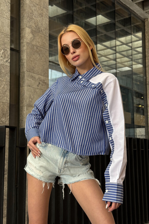 Lacivert Çizgili Kontrast Uzun Kollu Asimetrik Düğme Detaylı Crop Gömlek BCHPK-251209