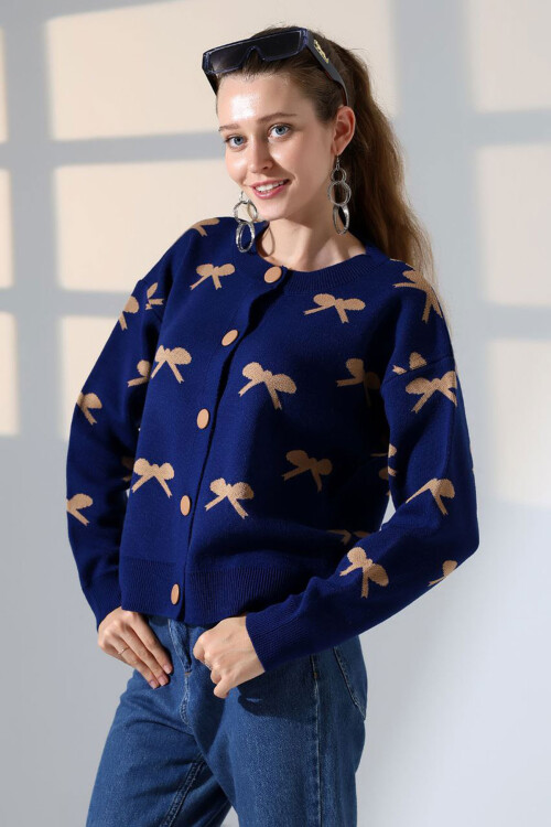 Lacivert Fiyonk Desenli Düğmeli Triko Hırka BCES-252044