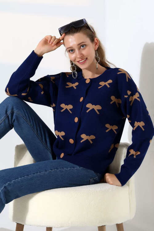 Lacivert Fiyonk Desenli Düğmeli Triko Hırka BCES-252044