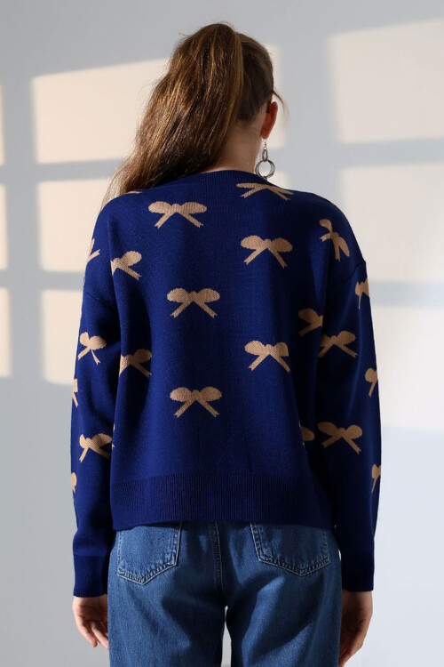 Lacivert Fiyonk Desenli Düğmeli Triko Hırka BCES-252044